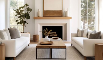 white themed living room with fireplace
